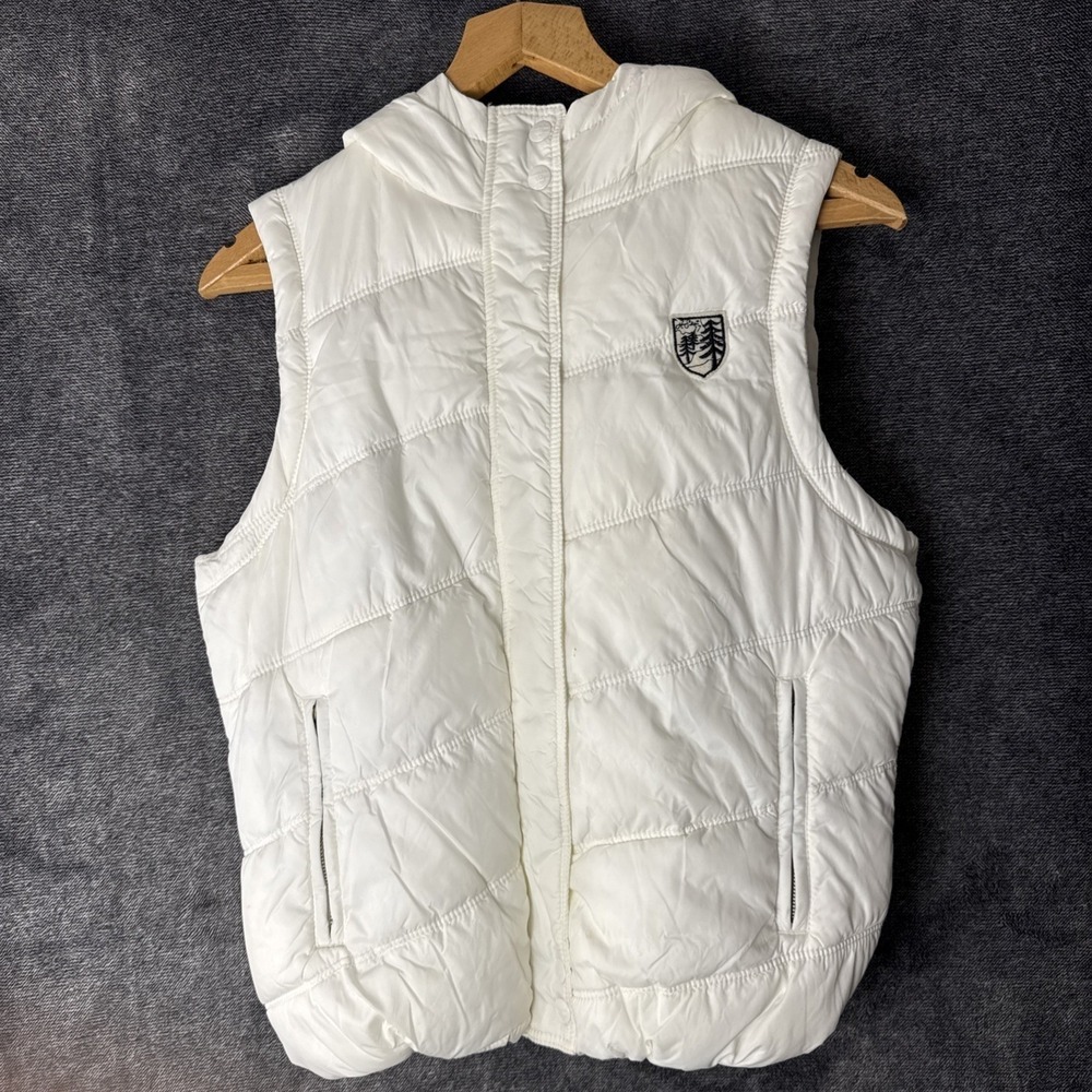 American Eagle Puffer Vest Women L White Sleeveless Hooded Plaid Faux Fur‎ Cute